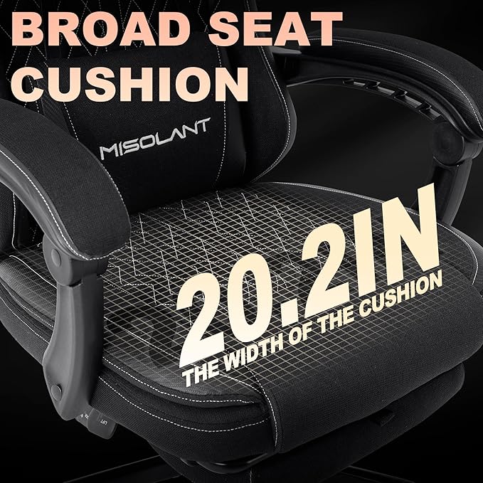 Misolant Gaming Chair Fabric Gamer Chair with footrest for Adults High Back Ergonomic Computer Game Chair with Adjustable Headrest and Massage Lumbar Support 90-155° Recline FreeBlack
