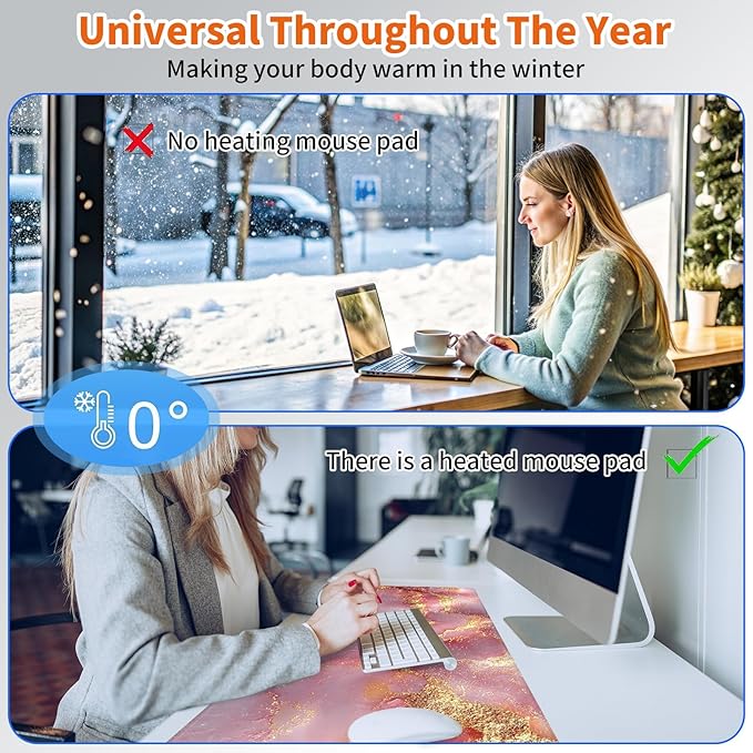 Heated Mouse PadWarm Desk Pad with 3 Levels Heating &amp 3 Hours Auto Shut-Off PU Leather Heated Desk Pad Warmer Pad for Home Office - 23.6 x 14.2 inchPink Gold Marble
