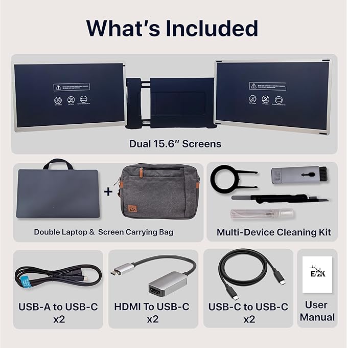 ELK 15.6 Dual Laptop Screen Extender - Laptop Bag &amp Cleaning Kit Included - FHD 1080P IPS - Detachable &amp Adjustable Monitor Extender - with Speakers - Compatible with Mac/Android/Win