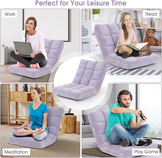 ARLIME Adjustable Floor Chair 14-Position Lazy Sofa Chair with Back Support &amp Thick Padding Portable Foldable Floor Couch for Adults Kids Use in Bedroom Living Room Home Theater (Light Purpl