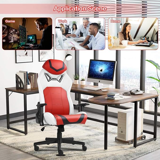Modern-Depo Ergonomic Gaming Chairs for Adults with High-Density Memory Foam | Swivel Comfortable Office Chair Big and Tall Video Game Chair High Back Computer Chair for Home Office Red White