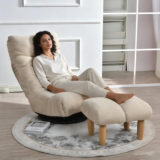 360° Swivel Floor Gaming Chair Floor Chair 14 Adjustable Head Segments 3 Waist Segments Ergonomic Recliner for Gaming Reading Living Room Includes Footrests (White)
