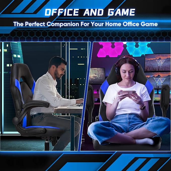OLIXIS Computer Gaming Chair - PU Leather Ergonomic Lumbar Support with Flip-up Armrest and 360° Swivel Wheels Height Adjustable Task Home Office Desk Video Racing Blue