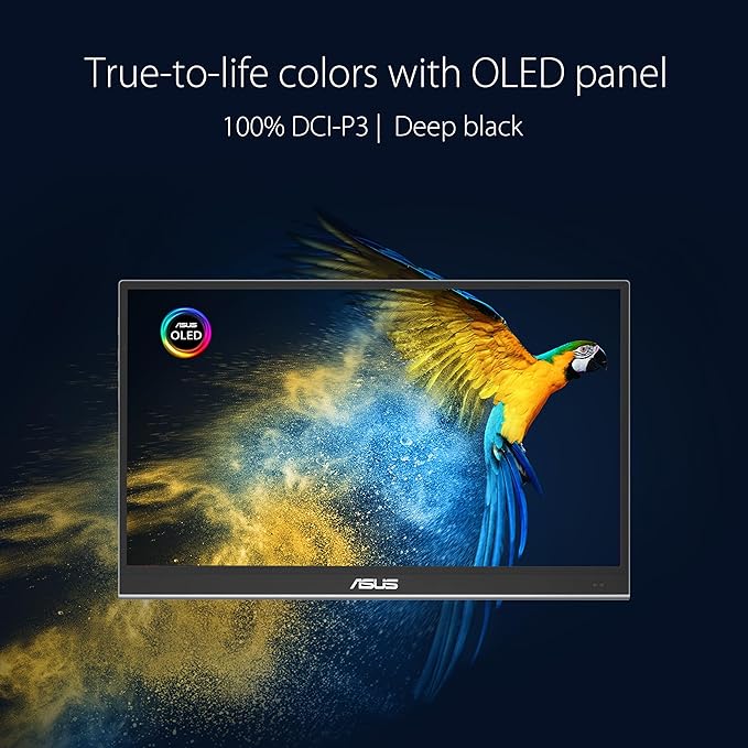 ASUS ZenScreen 16” OLED USB-C portable monitor (MQ16AHE) – Full HD 100% DCI-P3 1ms HDR-10 Mini HDMI Eye Care Proximity Sensor 360° kickstand Compatible with Laptops Smartphones 3 yr warranty