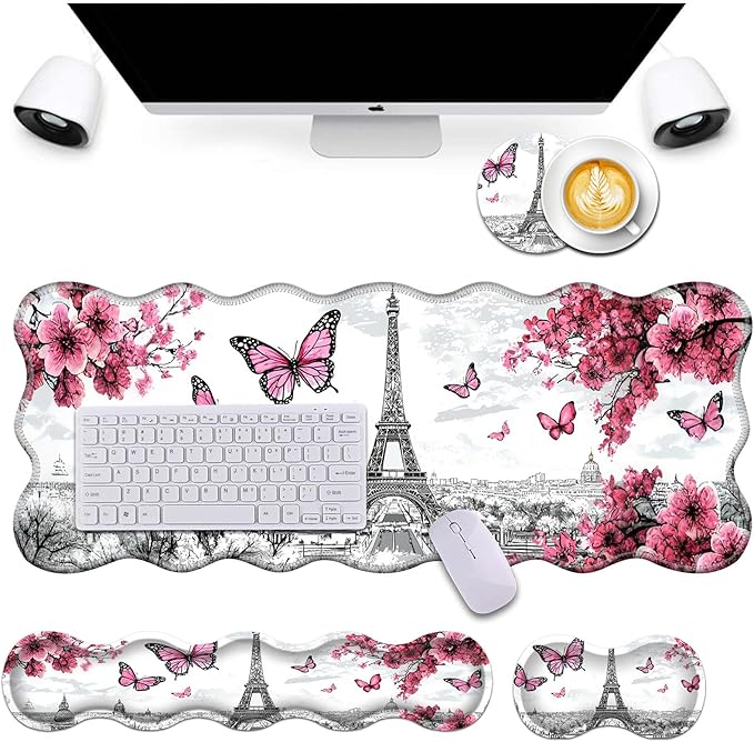 Bxgolkgd Desk Mat SetMouse Pad with Keyboard Wrist Rest &amp Mouse Wrist RestWave-Shaped DesignNon-Slip Rubber BaseErgonomic Desk Mat for HomeOfficeGamingButterfly Eiffel Tower