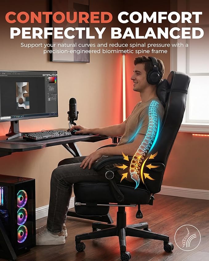 GTPLAYER Gaming Chair with Footrest Big and Tall Game Chair 350lb Racing Style Computer Chair Ergonomic Executive Office Chair High Back with Lumbar Support and Recliner Black