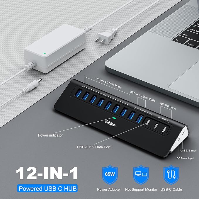 Powered USB Hub 10Gbps intpw YH9AC 12-Port USB C Hub with 10Gbps USB C 3.2 2 USB A 3.2 7 USB 3.0 2 PD 45W Charging Port 65W Power Adapter + 3.3FT Cable Aluminum USB Hub for Laptop/iPhone16/15/PC