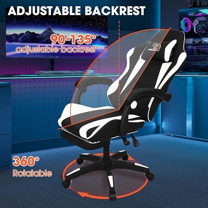 Gaming Chair Office Chair Reclining High-Back PU Leather Computer Desk Chair with Headrest and Lumbar Support suitable for gaming chairs office storage office shelving and more（Black+White）