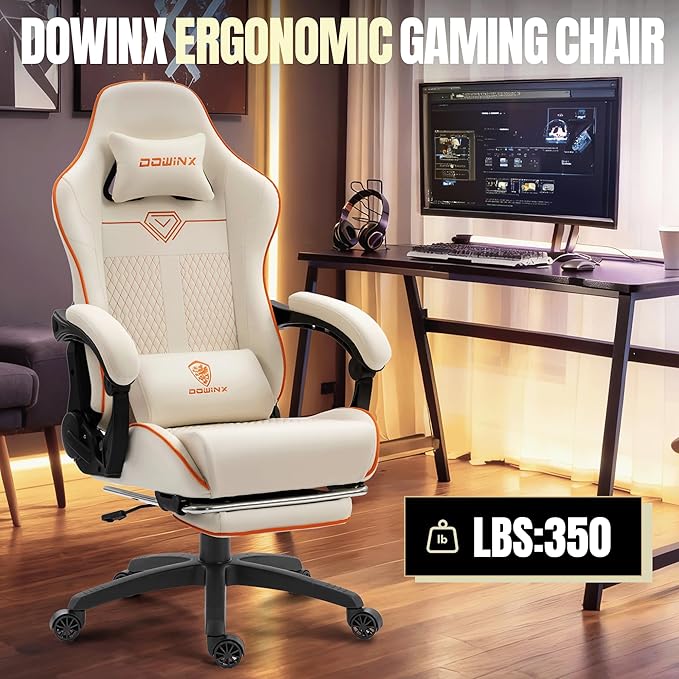Dowinx Gaming Chair Big and Tall 350LBS Heavy Duty PC Gaming Chair with Massage &amp Footrest Ergonomic Reclining Gamer Chair with Embroidered Esports Design White