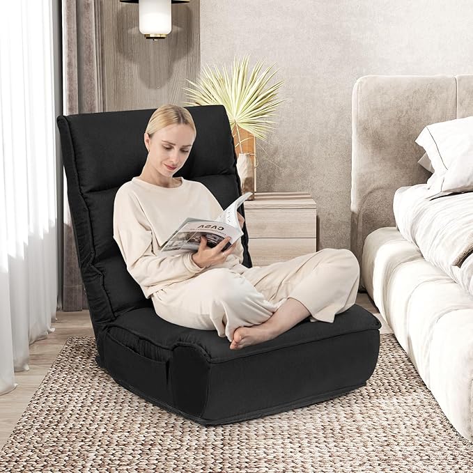 KOMFOTT Folding Floor Chair for Adults Floor Gaming Chair with 5-Position Adjustable Headrest &amp 4-Position Adjustable Backrest Side Pocket Floor Seating Lazy Sofa for Reading Meditating Black