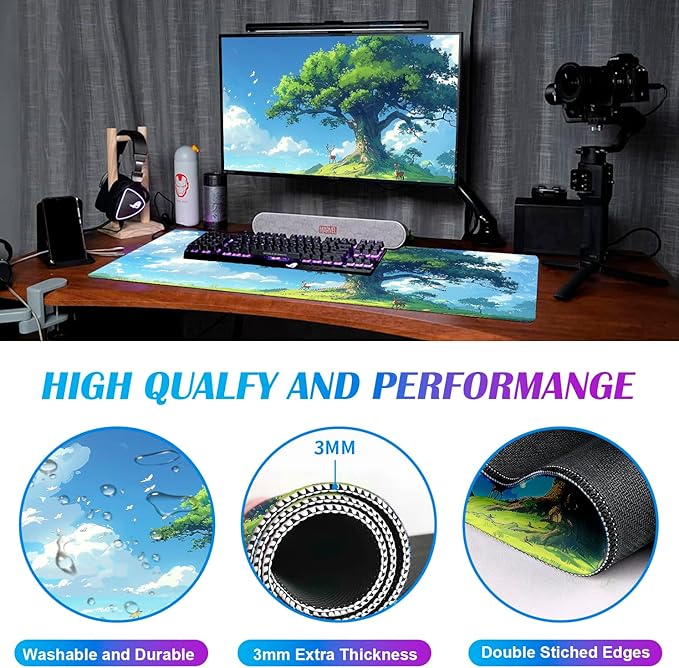 Simple and Cute Anime Landscape Computer Mouse Pad Large Green Plant Outdoor Landscape Office Desk Pad 35.4 x 15.7 x 0.12 Inch Sewn Edge Non Slip Rubber Base Mouse Pad