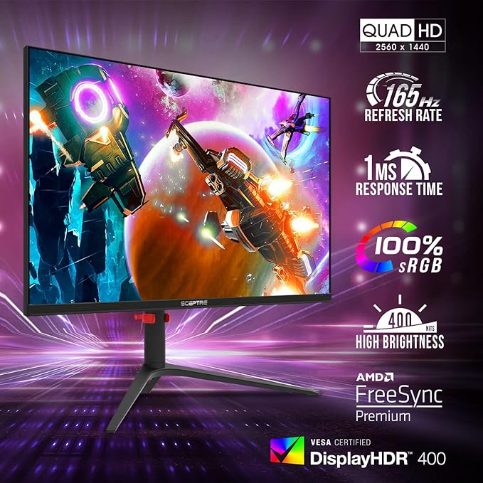 Sceptre 27-inch IPS 2K Gaming Monitor QHD 2560 x 1440p HDR400 up to 165Hz 1ms AMD FreeSync Premium DisplayPort HDMI 100% sRGB Build-in Speakers Machine Black 2025 (E275B-QPD168)