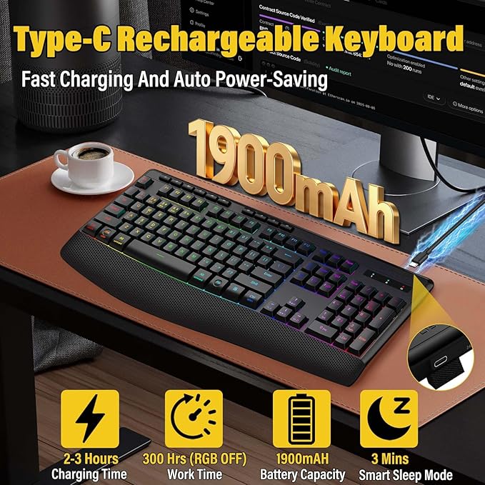 Wireless Bluethooth Gaming Keyboard8 RGB Backlit light upSilent Touch Less Noise 95%Ergonomic Wrist RestUSB C RechargeableTri-mode BT5.0/2.4GHz/WiredFor PC Computer/Mac/Laptop/IPad/Xbox/PS5