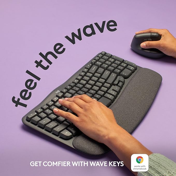 Logitech Wave Keys Wireless Ergonomic Keyboard with Cushioned Palm Rest Comfortable Natural Typing Easy-Switch Bluetooth Logi Bolt Receiver for Multi-OS Windows/Mac - Graphite