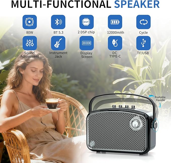 Bluetooth Speaker 120W Peak Powerful HiFi Loud Sound with Deep Bass Dual DSP Chips Bass/Treble controls Vintage Decor Portable Wireless Boombox Speakers Ideal Gift for Party Camping Backyard