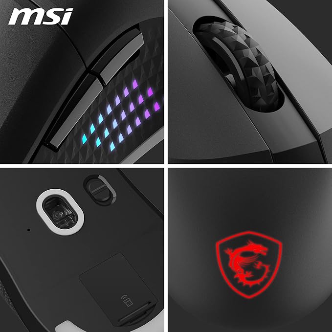 msi Versa 300 Elite Wireless Gaming Mouse - 26000 DPI Optical Sensor 1000 Hz Polling Rate Symmetrical 60M+ Click OMRON Switches 6 Buttons 200-Hour Battery 1ms Latency RGB 65g - Wired/Wireless