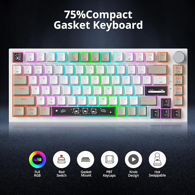 75 Percent Keyboard Gasket-Mounted with Sound Absorbing Pads 82-Key Compact Wired RGB Mechanical Gaming Keyboard Hot-Swap Socket for Win Gray Black White