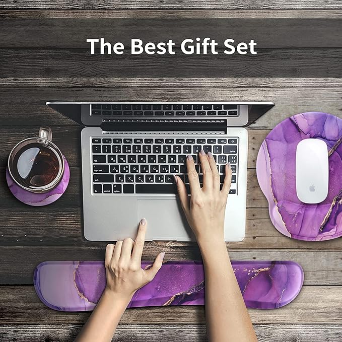 iCasso Purple Ergonomic Large Mouse Pad with Wrist Support 4in1 XXL Desk Mat Set- Keyboard Wrist Rest + Mouse Wrist Rest + Coaster Marble Style Desk Pad Mousepad