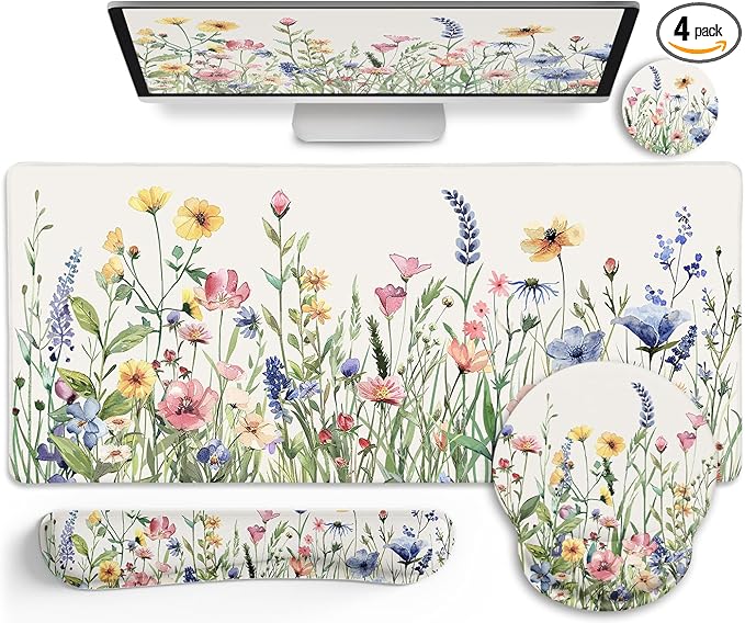 Flower Mouse Pad Set Large Desk Matt for Desktop Ergonomic Mouse Pad with Wrist Rest Gaming Wrist Support Keyboard Mat Cup Coaster Set Cute Office Desk Decor Accessories