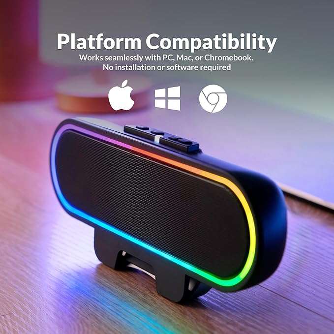 Cyber Acoustics USB Speaker Bar with LED Lights (CA-2890GX) – USB Powered Speaker Bar for PC and Mac Dynamic LED Lights Sync to Music Clamps to Monitors up to 1.5 Inches Great for Music and Gaming