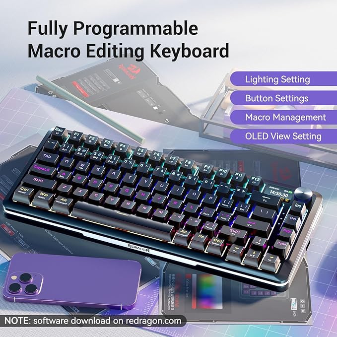 Redragon K708 Wireless Mechanical Keyboard with Screen Volume Knob &amp Pre-Lubed Switches - Tri-Mode (Bluetooth/2.4G/USB-C) RGB Gasket Gaming Keyboard Hot Swappable 4000mAh Battery for PC Mac e