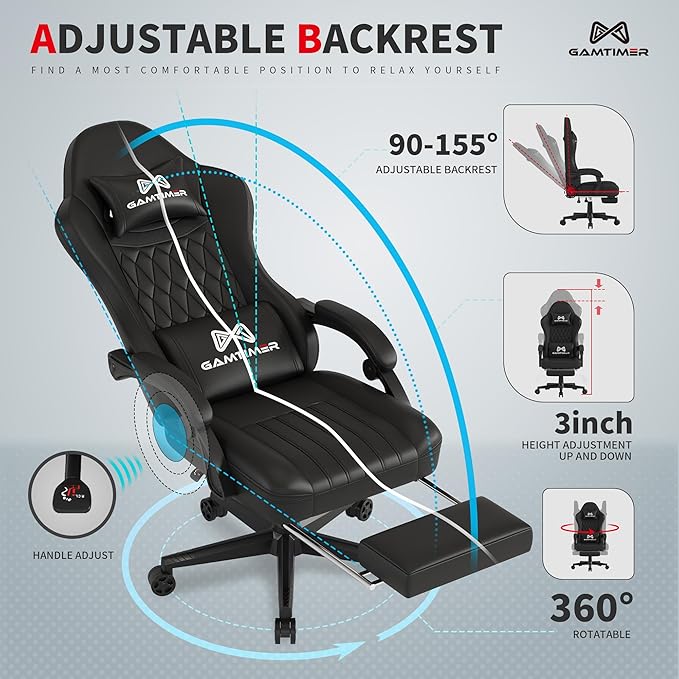 Gaming Chair with Footrest Ergonomic Computer Chair PU Breathable Material with Headrest and Lumbar Support Suitable for Silla Gamer and Adults(Black)