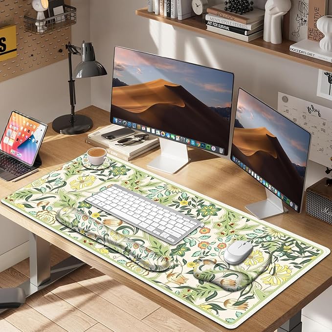 4 in 1 Large Mouse Pad Keyboard Wrist Rest Set Ergonomic Mouse Pad with Wrist Support Desk Mat with Stitched Edges Extended Desk Pad Waterproof Desk Mat for Home Office Game I Green Flower Plants