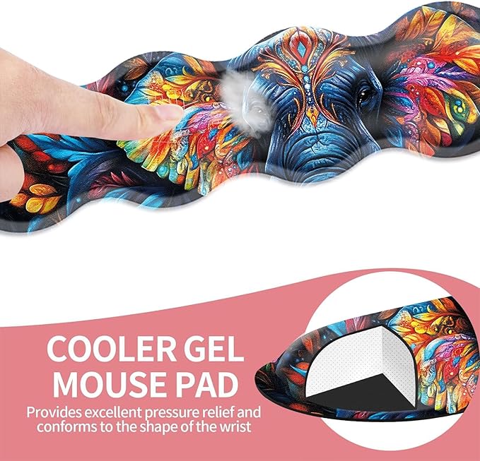 Large Gaming Mouse Pad Keyboard Wrist Rest Pad &amp Wrist Support Mousepad Set Stitched Edge Extended Non-Slip Base Memory Foam Desk Mat for Office HomeCute Colorful Elephant