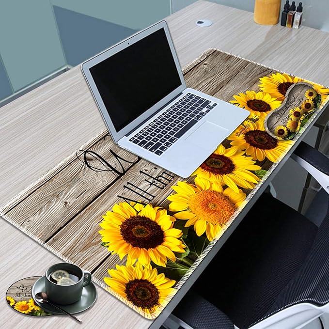 Large Game Mouse Pad + Wrist Support Pad + Coffee Coaster Sunflower Quote Matthew 19:26 Foldable Table Mat with Stitched Edge Non-Slip Set Pad Suitable for Office Work and Home