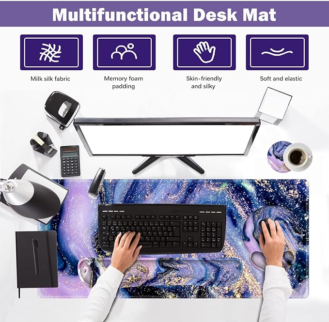 ARTSO Large Mouse Pad Ergonomic Keyboard Wrist Rest Support Combo Memory Foam Gel Wrist Pad Extended Desk Mat Protector Non-Slip Desk Blotter Purple Marble