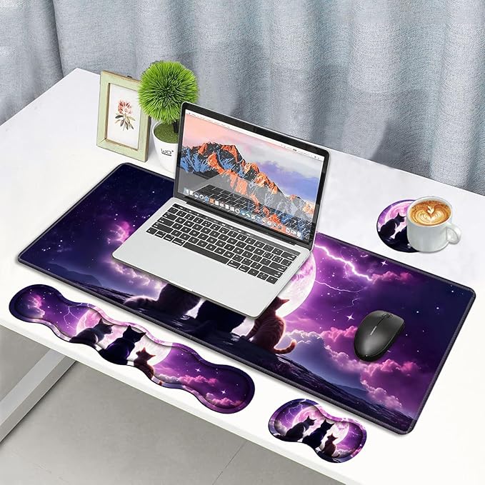 4 in 1 Ergonomic Memory Foam Mouse Pad Wrist Rest Set Large XXL Gaming Desk Pad + Keyboard Wrist Rest + Mouse Wrist Cushion + Coaster for Home Office Study Gaming Cats Under The Moon