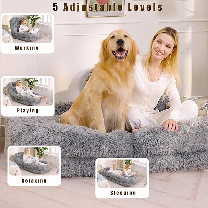 Floor Chair with Back Support Human Dog Bed with 5 Adjustable Position Convertible Lazy Floor Lounger Comfy Gaming Chair Plush Folding Sofa Bed for Adult Living Room Bedroom Light Gray