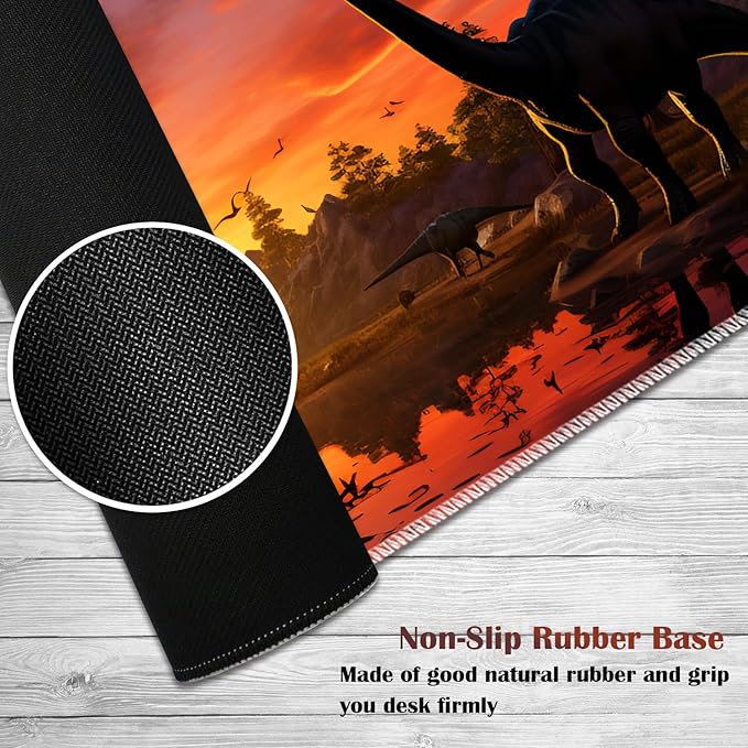 Gaming Mouse Pad Set Large Gaming Mouse Pad+Keyboard Wrist Rest+Mouse Wrist Rest+Coaster Easy Typing Pain Relief 31.5 × 11.8 inch Desk Mat for Home Office - Dinosaur Forest at Sunset