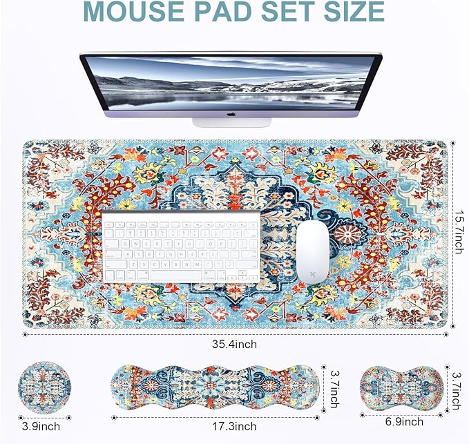 iLeadon Mouse Pad Set Desk Mat + Mouse Pad with Wrist Rest + Keyboard Wrist Rest + Coaster 4in1 Large Gaming Mouse Pad Set for Home Office Retro Boho Floral Blue