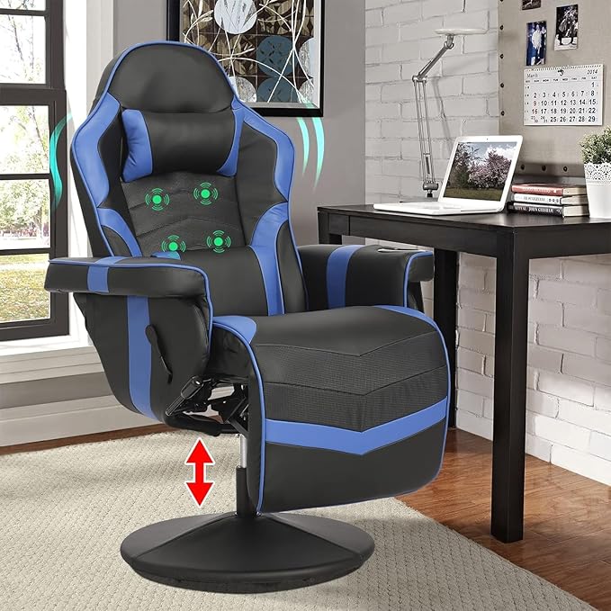 LVUYOYO Reclining Gaming Chair Massage Gaming Chairs for Adults High Back PU Leather Game Recliner w/Adjustable Height Swivel Game Chair with Lumbar Support Cup Holder Headrest
