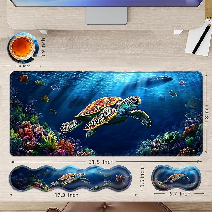 Large Mouse Pad and Keyboard Wrist Rest Desk Pad for Keyboard and Mouse 4-in-1 Large Gaming Mouse Pad with Wrist Support Desk Mat for Home Office Study GameTurtle Swimming in Ocean
