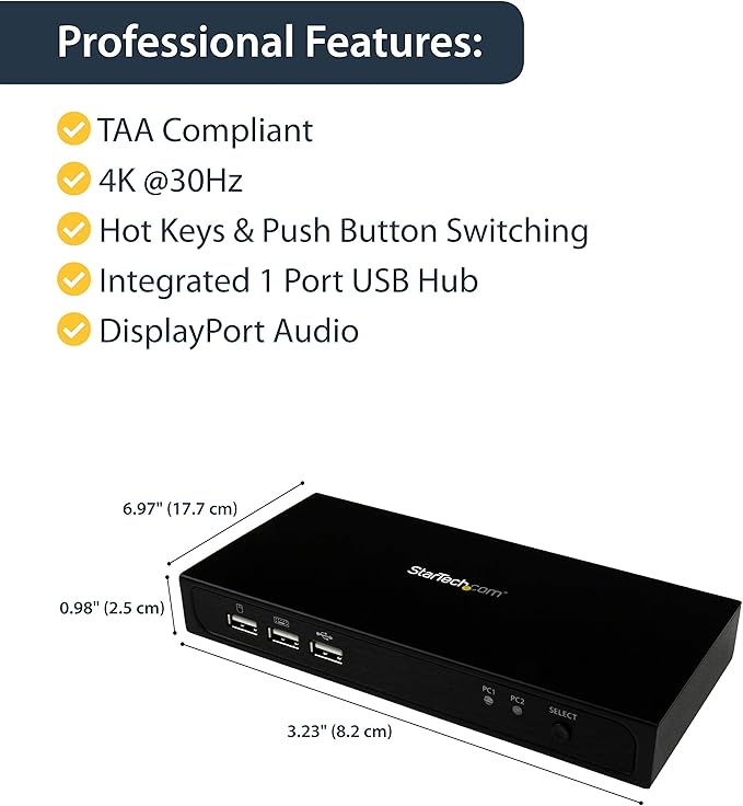 StarTech.com SV231DPU2 2-port DisplayPort KVM Switch with Built-in USB 2.0 Hub - Supports 4K Video Resolution at 30Hz - Ultra HD