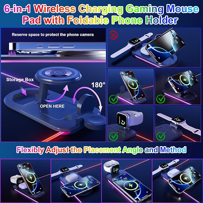 HAUTOCO Wireless Charging Mouse Pad 15W RGB Gaming Mousepad Waterproof Desk Mat with Phone Holder 35.4''x11.8'' Extra Large Desk Pad Non-Slip Base Computer Keyboard Mat for PC Laptop Black