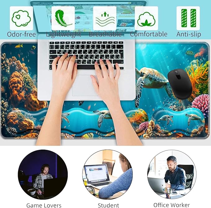Keyboard Wrist Rest+Mouse Wrist Pad+Desk Pad SetMemory Foam Ergonomic Easy Typing Pain Relief for Computer Laptop Office Home - Cute Turtle