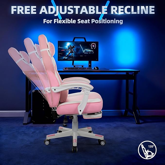 Vongrasig Ergonomic Gaming Chair for Adults PU Leather Office Seat with Head &amp Foot Rests (Pink)