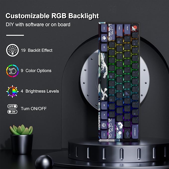XVX 60% Gaming Keyboard RGB 3-Modes Wireless Mechanical Keyboard Mini 60 Percent Gamer Keyboard with Hot-Swappable Pre-lubed Linear Switch for Windows &amp Mac (Great Wave Off Kanagawa) M61 Pro