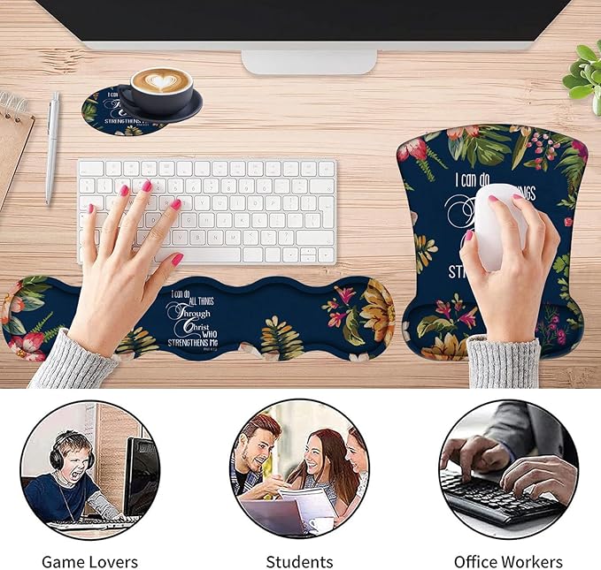 3 in 1 Keyboard Wrist Rest + Mouse Pad and Coaster Ergonomic Gel Mouse Pad and Keyboard Pad Set Comfortable Lightweight for Easy Typing Pain Relie Bible Verse Phil 4-13