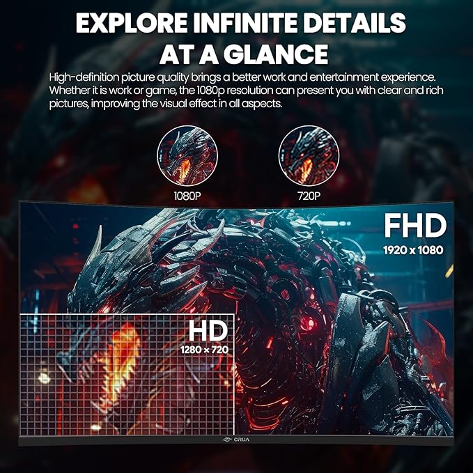 CRUA 32Inch Curved Gaming Monitor FHD(1920 * 1080P) VA Screen 165Hz/200Hz 1800R VA Screen 120% sRGB Computer Monitor that Support AMD Freesync HDMI DP Wall Mountable Installs-Black