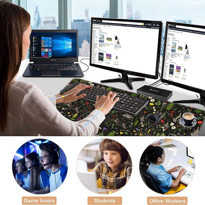 Mouse PadLarge Pink Desk Mat 4in1 XXL Mousepad + Keyboard Wrist Rest+Mouse Wrist Rest+Coaster Set with Ergonomic Desk Pad for Home Office Table Computer-Cute Flowers