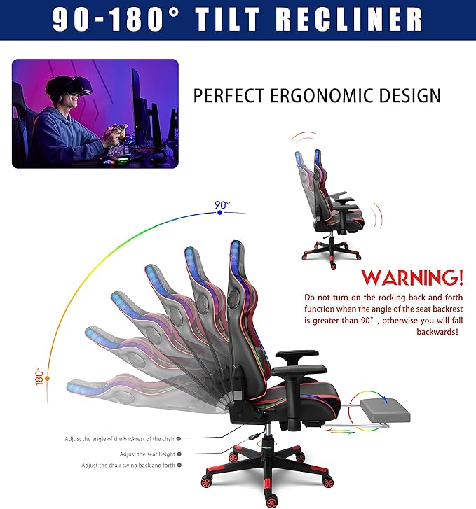 TBQATNTS Gaming Chair with Massage and SpeakersErgonomic Video Gaming Chair with Footrest and Lumbar SupportRGB Racing Gaming Chair Computer Chair for Adults and Teens 400lb.Red