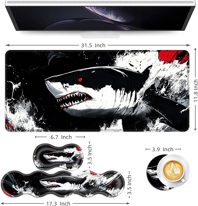 Keyboard Mouse Pad Set Extended Gaming Mouse Pad+Ergonomics Keyboard Wrist Rest Support Memory Foam Easy Typing Pain Relief 4Pcs XL Ultra Thick Desk MatGreat White Shark