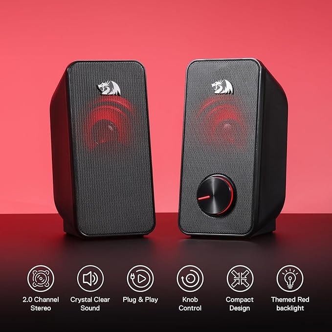 Redragon GS500 Stentor PC Gaming Speaker 2.0 Channel Stereo Desktop Computer Speaker with Red Backlight Quality Bass and Crystal Clear Sound USB Powered with a 3.5mm Connector