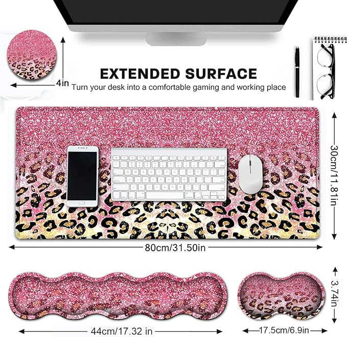 Large Mouse Pad Extended Gaming Mouse Pad 31.5x11.8 Ergonomic Memory Foam Keyboard Wrist Rest Support for Home Laptop Big Office Desk Pad with Non-Slip BasePink Faux Glitter Leopard Desk Mat
