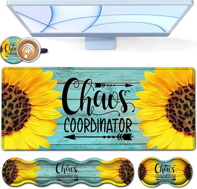 Desk Pad Keyboard Mouse Pad Set Extended Gaming Mouse Pad+ Ergonomics Memory Foam Wrist Rest Support31.5x11.8in Waterproof Large Mouse Pad for Home OfficeChaos Coordinator Sunflower XXL Mouse Mat