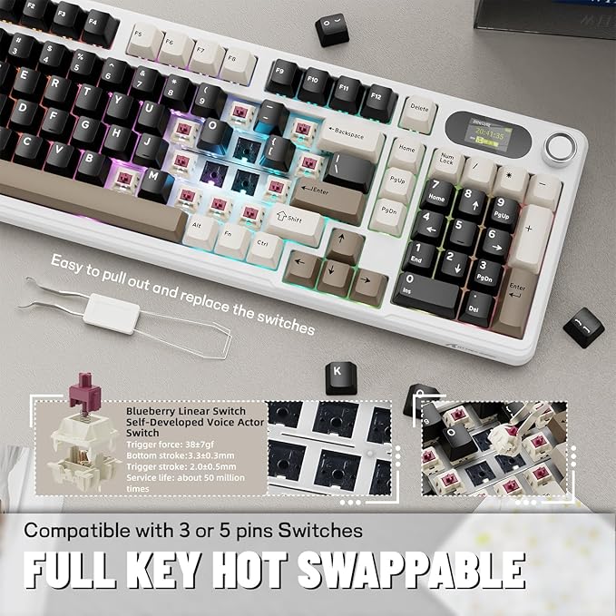 ATTACK SHARK X98PRO Wireless Mechanical KeyboardMulti-Function Knob&ampTFT ScreenTri-Mode BT/2.4GHz/USB-C KeyboardHot-Swappable RGB Backlit4000mAh 98 KeysCloud Drivefor Win/Mac/Linux-Creamy Whi